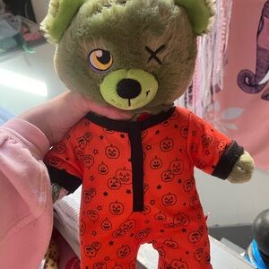 Build a bear zombie bear Green Plush Bear with Orange Pumpkin Pajamas